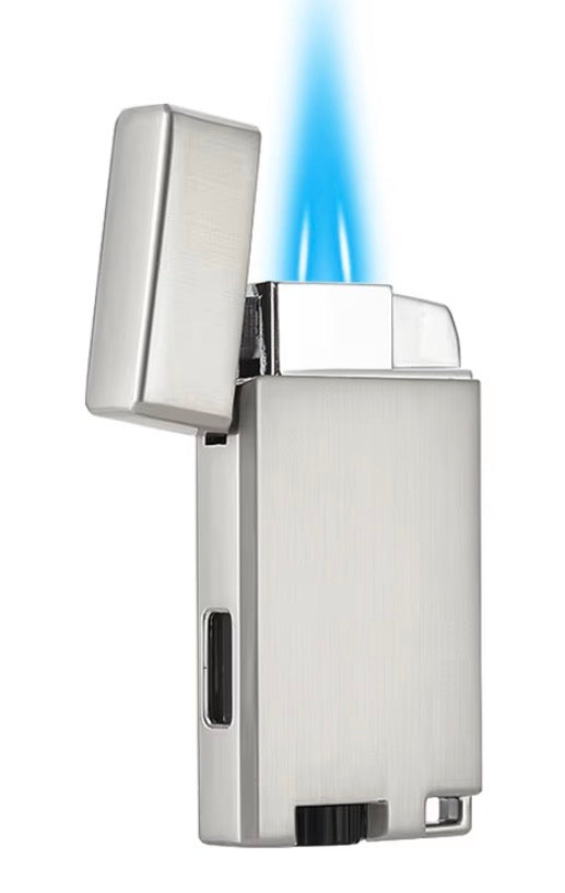 A brushed stainless steel jet torch lighter with its lid open, showing a blue flame, isolated on a white background.