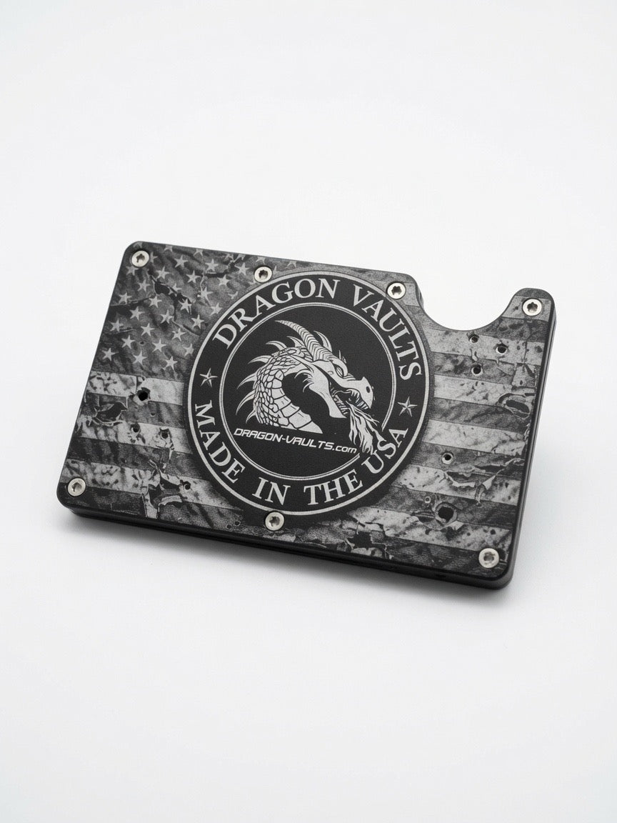 Custom minimalist RFID aluminum wallet with engraved design by Dragon Vaults