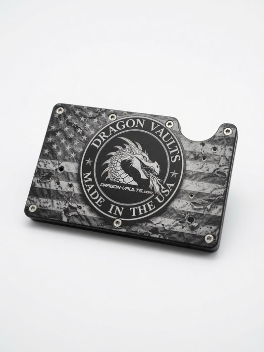 Custom minimalist RFID aluminum wallet with engraved design by Dragon Vaults