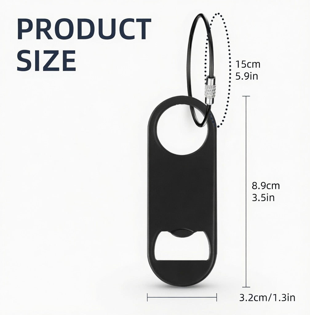 Black metal keychain bottle opener personalized with laser engraving