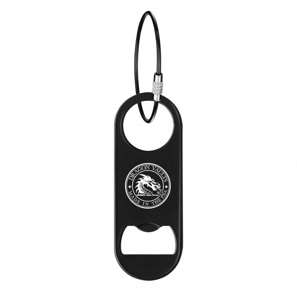 Black metal keychain bottle opener personalized with laser engraving