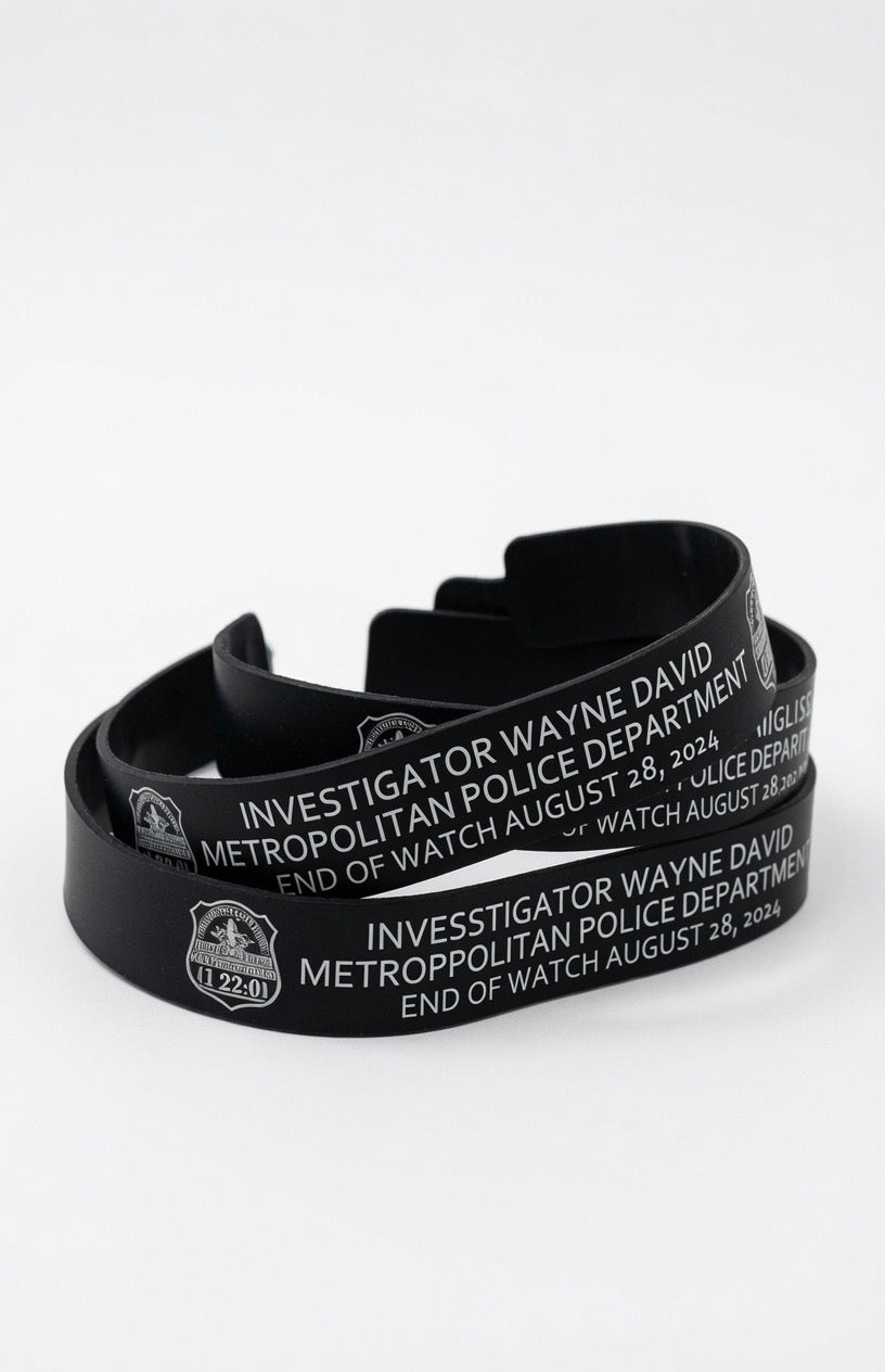 Black anodized remembrance bracelet with custom laser engraved message
