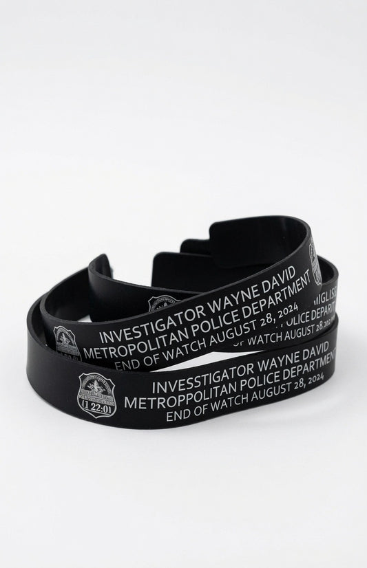 Black anodized remembrance bracelet with custom laser engraved message