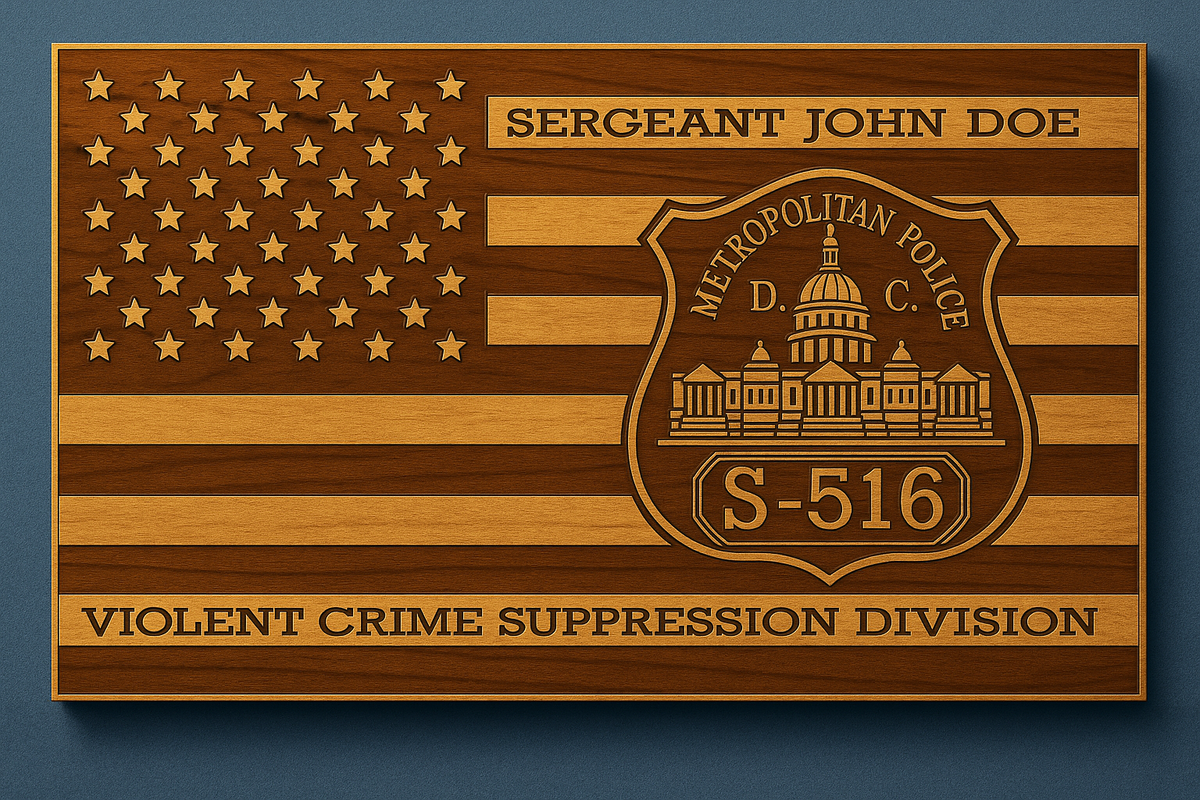 Handcrafted wooden American flag personalized with law enforcement badge