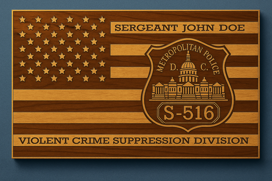 Handcrafted wooden American flag personalized with law enforcement badge