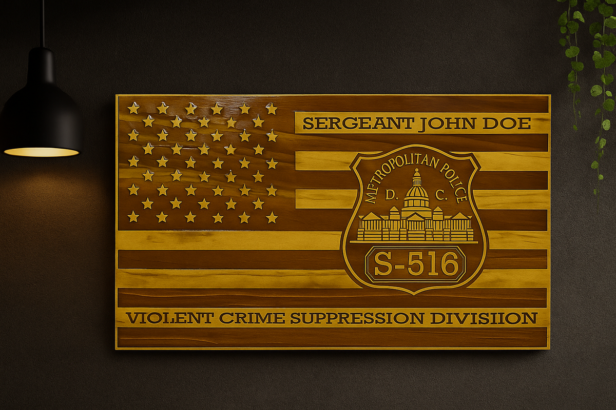 Handcrafted wooden American flag personalized with law enforcement badge