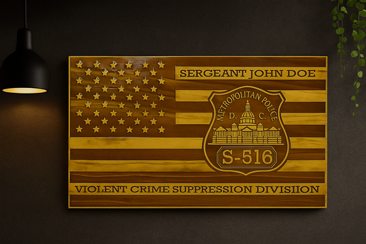 Handcrafted wooden American flag personalized with law enforcement badge